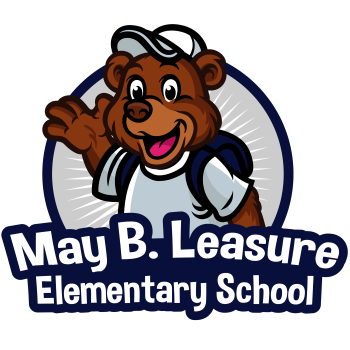 Brown smiling bear centered at bottom May B. Leasure Elementary School.